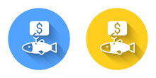 White Price Tag For Fish Icon Isolated With Long Shadow Background. Circle Button. Vector