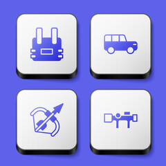 Poster - Set Bulletproof vest, Safari car, Medieval bow and arrow and Sniper optical sight icon. White square button. Vector