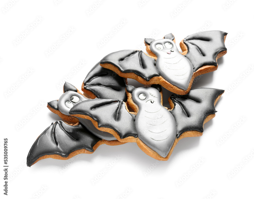 Halloween bat cookies on white background