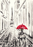 Fototapeta Do przedpokoju - Womans silhouette with red umbrella against urban landscape and Eiffel Tower in Paris. Hand drawn oil pastel on black paper. Raster