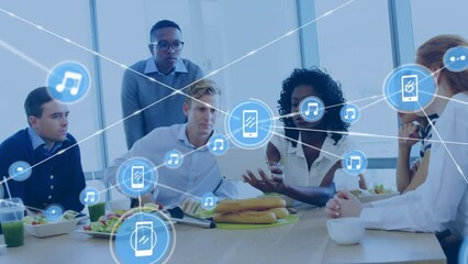 Poster - Animation of network of digital icons over team of diverse colleagues discussing over digital tablet