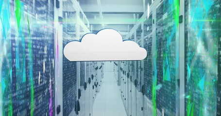 Poster - Animation of cloud icon with multicolored geometric shapes and dots over server room