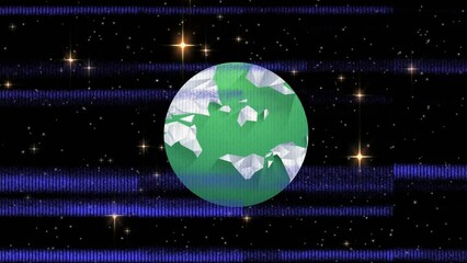 Poster - Animation of multicolored glitch technique and globe and illuminated stars in space