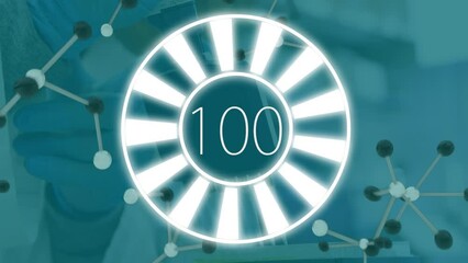 Poster - Animation of 100 in rotating circle, falling nucleotides over cropped hands filling test tubes