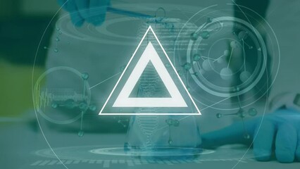 Poster - Animation of infographic interface with over scientist pouring liquid from test tube to beaker