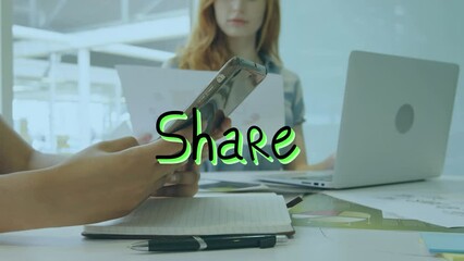 Sticker - Animation of share text over diverse people using smartphone and laptop