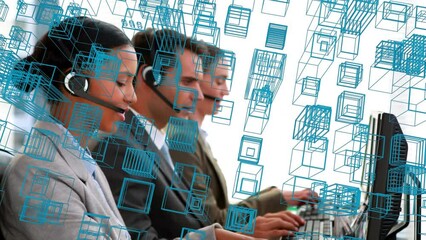 Poster - Animation of digital city over diverse business people using phone headset