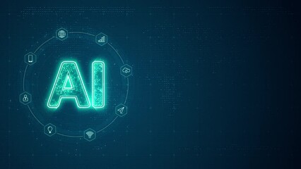 Poster - Motion graphic of Blue digital AI LOGO with line connection and data transfer to futuristic icon technology on abstract background concept