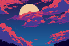 Beautiful Moon In Red Clouds Vector Illustration.