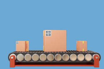 Wall Mural - Conveyor with boxes. Cardboard boxes on conveyor. Concept automated warehouse equipment. Equipment for automatic order processing. Automated fulfillment. Automatic conveyor isolated on blue. 3d image