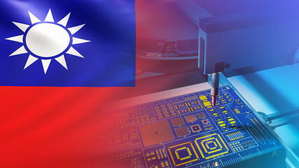 Poster - manufacture electronic chips. taiwan flag in front production equipment. manufacture electronic comp