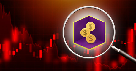 Poster - Dollar Trading. Golden coins under magnifying glass. Financial crisis. Buying and selling dollars on electronic exchange. Falling red chart symbolizes crises and recessions. Dollar crisis. 3d image