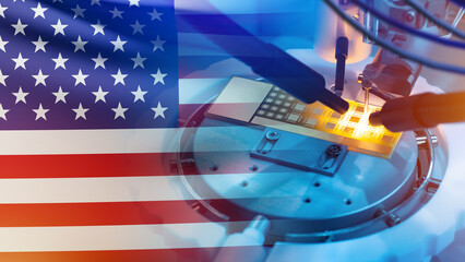 Poster - USA microelectronics industry. High tech manufacturing with American flag. Manufacturing microelectronics. Microprocessor and USA flag. Factory for production of microelectronics from USA. 3d image