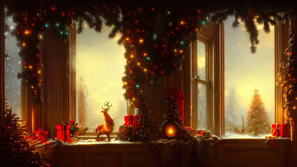 Wall Mural - Christmas decorations on a winter holiday window. Frozen evening window, garlands, lanterns, Christmas tree. Holiday and fun atmosphere. Dark festive interior. 3D illustration.