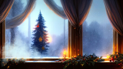 Wall Mural - Christmas decorations on a winter holiday window. Frozen evening window, garlands, lanterns, Christmas tree. Holiday and fun atmosphere. Dark festive interior. 3D illustration.