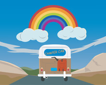 Camper Van Travel And Rainbow On Sky ,summer Concept,