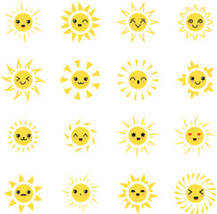 Poster - Sun characters. Cartoon suns design, emoji happy expressions, cute sunkids emotions, sunshine heads, energy faces