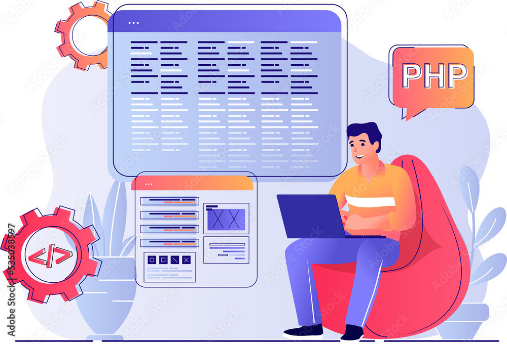 Programmer working concept with people scene. Man programming at ...