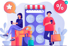 Mobile Commerce Concept With People Scene. Woman And Man Byers Making Purchases, Ordering At Website Shop, Online Paying In Application. Illustration With Characters In Flat Design For Web