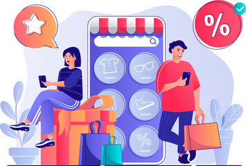 Poster - Mobile commerce concept with people scene. Woman and man byers making purchases, ordering at website shop, online paying in application. Illustration with characters in flat design for web