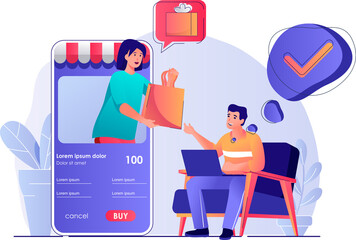 Poster - online shopping concept with people scene. man customer makes purchases at discount prices, ordering