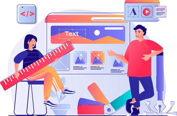 Wall Mural - Web design concept with people scene. Man and woman designers creating site layout and place graphic elements and navigation buttons. Illustration with characters in flat design for web