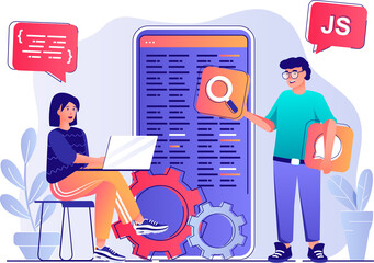 App development concept with people scene. Man and woman designers creating interface layout of mobile application, programming and coding. Illustration with characters in flat design for web