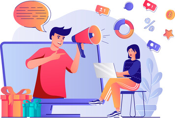 Digital marketing concept with people scene. Man with megaphone makes ad campaign online, creates content, publishes posts, attracts users. Illustration with characters in flat design for web