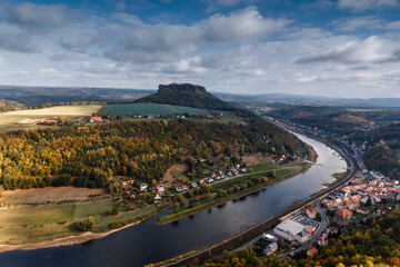 Wall Mural - View of a village in the countryside in autumn near  Saxon Switzerland Mountains. Valley of river Elbe. Dresden. Germany.  