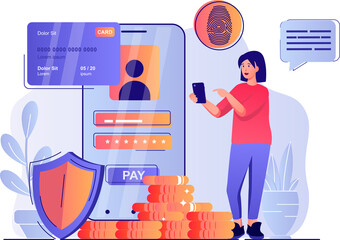 Aufkleber - Secure payment concept with people scene. Woman accesses application using password and fingerprint scanner, makes financial transaction. Illustration with characters in flat design for web