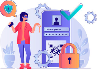 Fototapete - Cyber security concept with people scene. Woman accesses mobile application using safety password, online protection of personal accounts. Illustration with characters in flat design for web