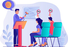 Auction Concept With People Scene. Man Auctioneer Selling Art Painting, Byers Bidding, Buying And Investment Money In Valuable Artworks. Illustration With Characters In Flat Design For Web