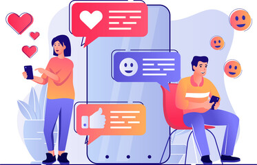 Poster - social network concept with people scene. woman and man writing messages, chatting, dating, browsing