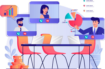 Poster - video business conference concept with people scene. man and woman colleagues discuss work tasks in 