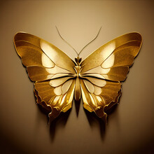 Modern Painting Of Golden Butterfly. The Texture Of The Oriental Style Of Gray And Gold Canvas With An Abstract Pattern.