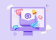 3D Computer with email letter in envelope. Online communication by mail. Newsletter concept. Social media marketing. Cartoon creative design icon isolated on purple background. 3D Rendering