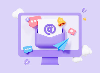 Poster - 3d computer with email letter in envelope. online communication by mail. newsletter concept. social 