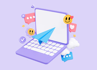 Poster - 3d computer laptop with social network communication. social media marketing and promotion. smile em