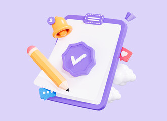 Poster - 3d clipboard with check mark. approved document. checklist with pencil and bell. quality control. bu