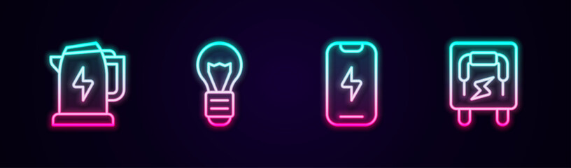 Poster - Set line Electric kettle, Creative lamp light idea, Mobile phone and Electrical panel. Glowing neon icon. Vector