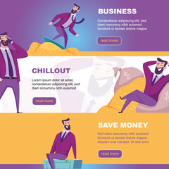 Wall Mural - Business banners. happy businessmen relaxing walking sitting in different poses. Vector cartoon templates of print designs