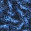 seamless pattern dark blue white fir tree branches winter twigs.light blue on dark background