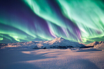 Wall Mural - northern lights over snowy mountains. aurora borealis with starry in the night sky. fantastic winter