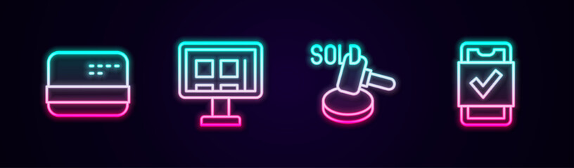 Canvas Print - Set line Credit card, Online shopping on screen, Auction hammer and Mobile. Glowing neon icon. Vector