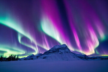 northern lights over snowy mountains. aurora borealis with starry in the night sky. fantastic winter