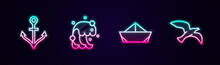 Set Line Anchor, Tsunami, Folded Paper Boat And Bird Seagull. Glowing Neon Icon. Vector