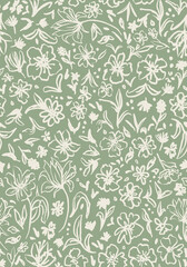 Wall Mural - Sage green botanical mix seamless repeat pattern. Hand drawn, random placed, vector flowers, herbs, branches, leaves and more all over surface print.