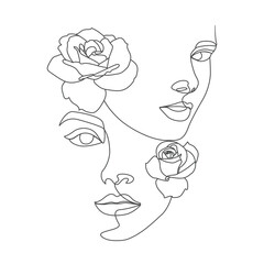 Wall Mural - Women's eyes head with flowers linear drawing