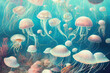 fantasy a shoal of jellyfish , pastel colours, background, digital illustration