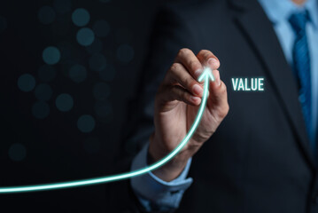 Poster - Businessman writing value of money target analyze sales data trading and showing a growing virtual screen of statistics, graph and chart stock market business growth, planing and strategy concept.